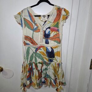 Z&L Europe Toucan Tropical Print Boho Dress Lace Tassel Ruffle Hem M